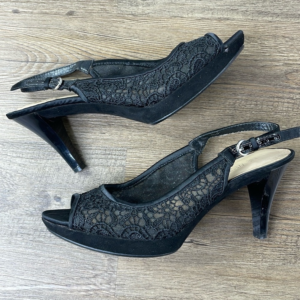Nine West Women’s Black Lace Open Toe Slingback Heel, size 7.5